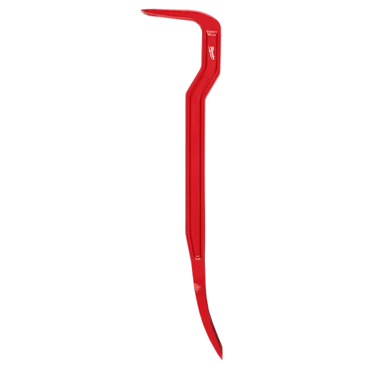 Red 18" Wrecking Bar with a flat end for prying and a curved end for pulling nails. Made by Milwaukee, features a durable design suitable for demolition work.