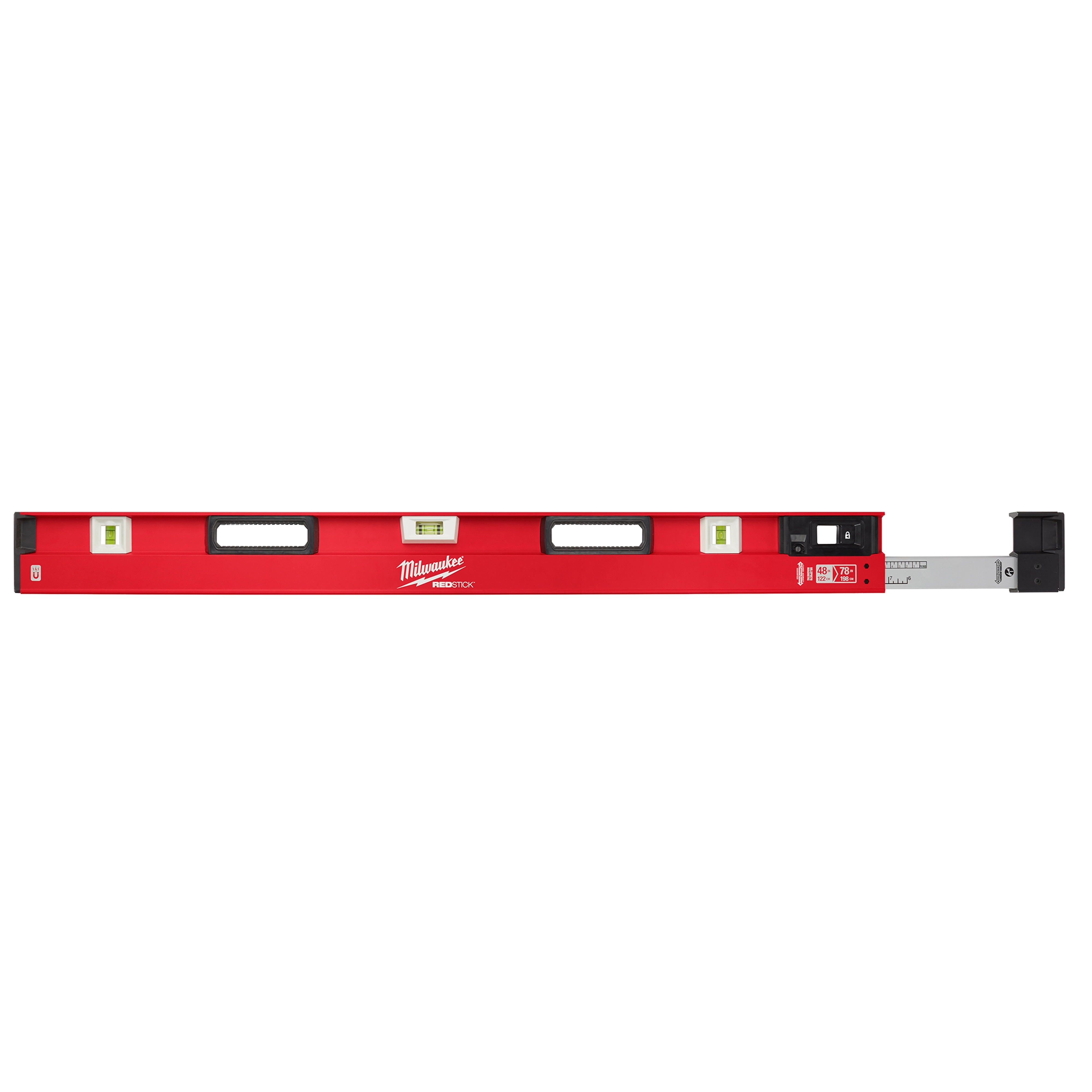 48"-78" Extendable Level with red body, three bubble vials, two hand grips, and an adjustable metal extension on the right.