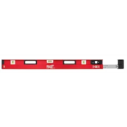 48"-78" Extendable Level with red body, three bubble vials, two hand grips, and an adjustable metal extension on the right.
