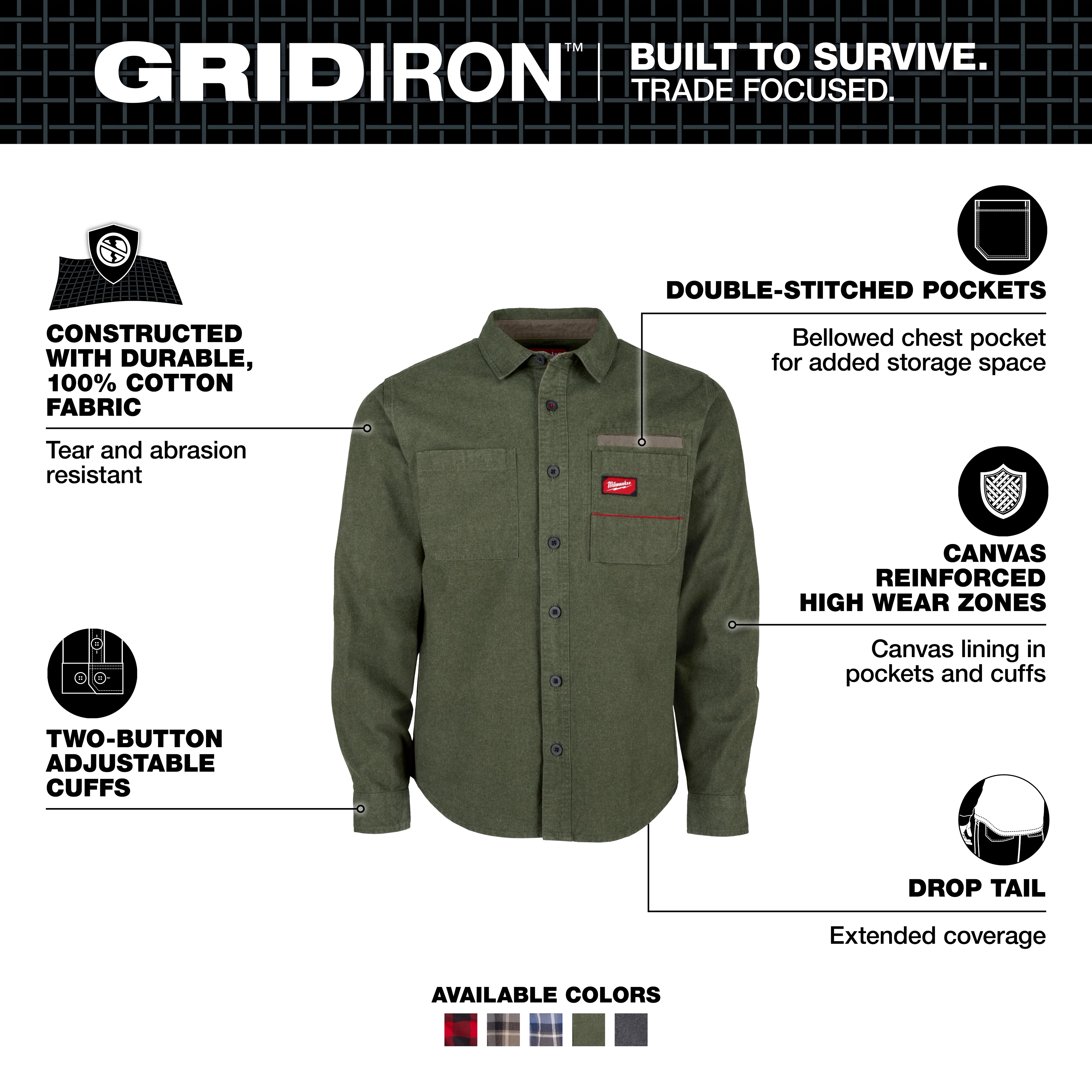 GRIDIRON Flannel Shirt with button front, chest pocket, and long sleeves displayed against a white background.