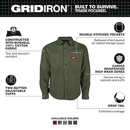GRIDIRON Flannel Shirt with button front, chest pocket, and long sleeves displayed against a white background.