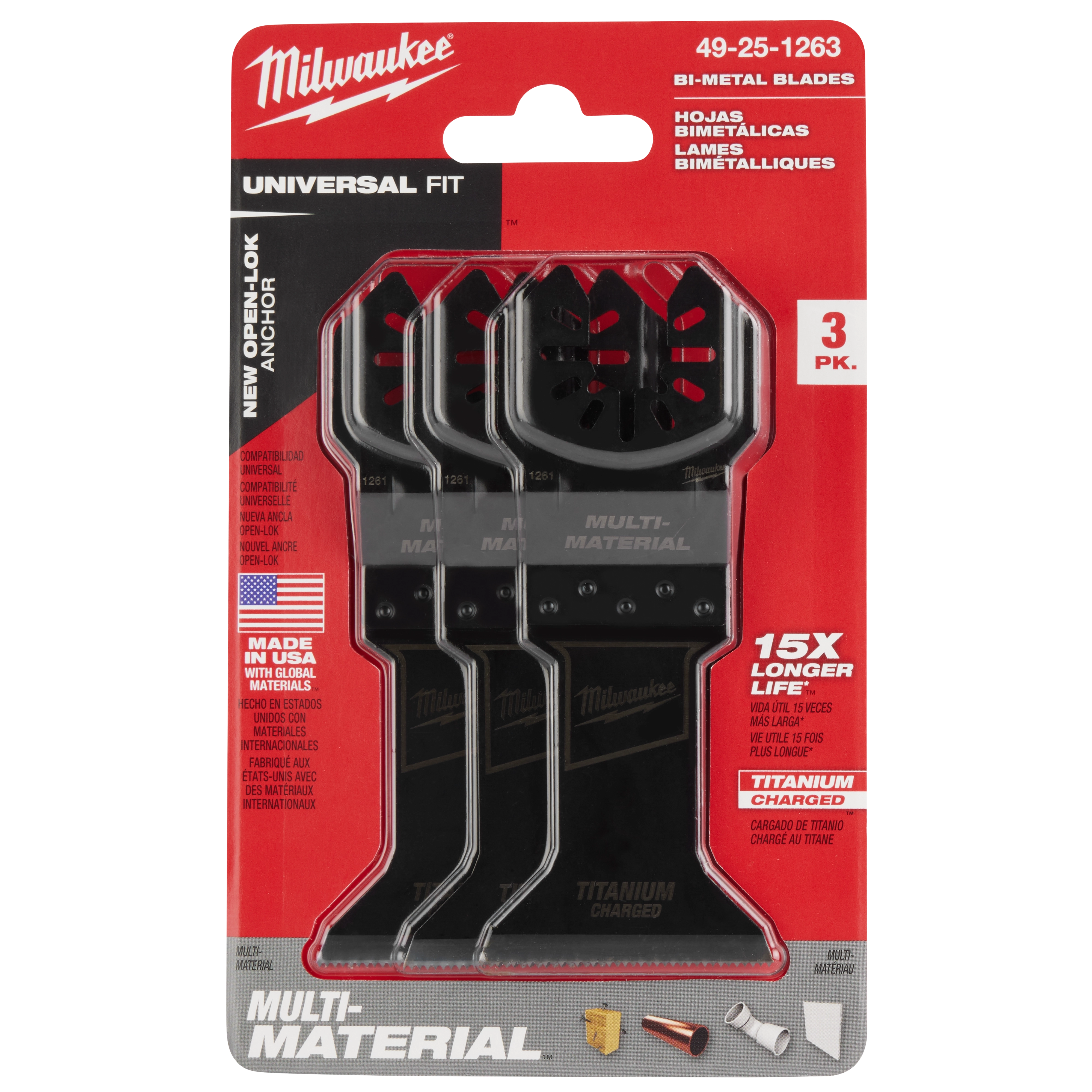 Milwaukee Open-Lok 1-3/4" Titanium Charged Bi-Metal Multi-Material Multi-Tool Blade 3PK in red packaging, universal fit.
