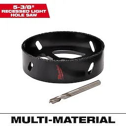 5-3/8" recessed light hole saw with a black body and drill bit, designed for cutting holes in various materials.