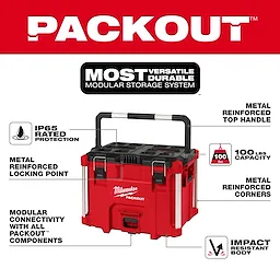 PACKOUT XL Tool Box with modular storage, metal reinforced top handle and corners, IP65 protection, 100 lb capacity, and impact-resistant body.