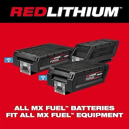 MX FUEL REDLITHIUM FORGE HD12.0 Battery Pack and MX FUEL REDLITHIUM CP4.0 Battery Pack displayed on a red background.