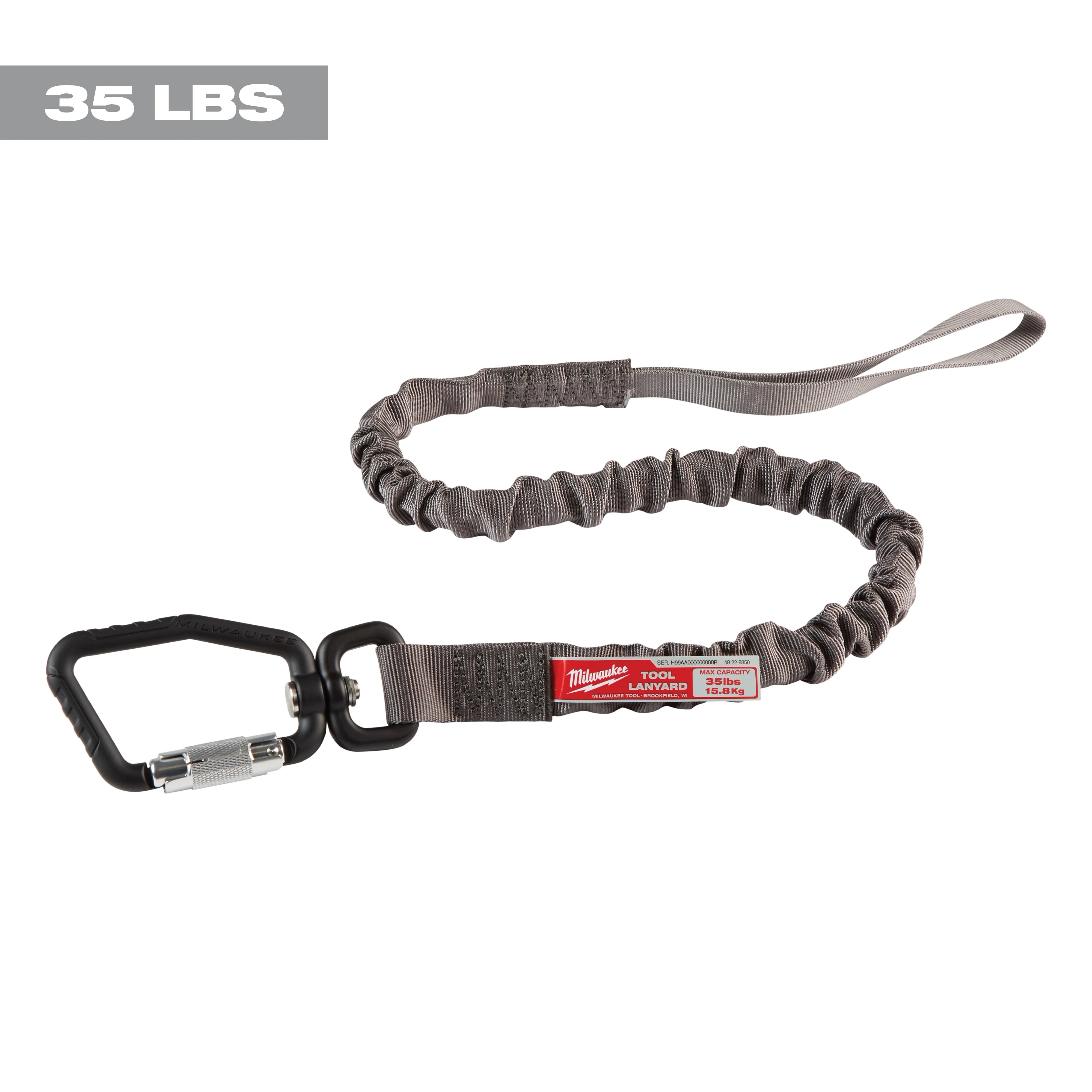 35 lb. Locking Tool Lanyard Primary with a gray cord, a heavy-duty carabiner, and a red label. Suitable for securing tools.