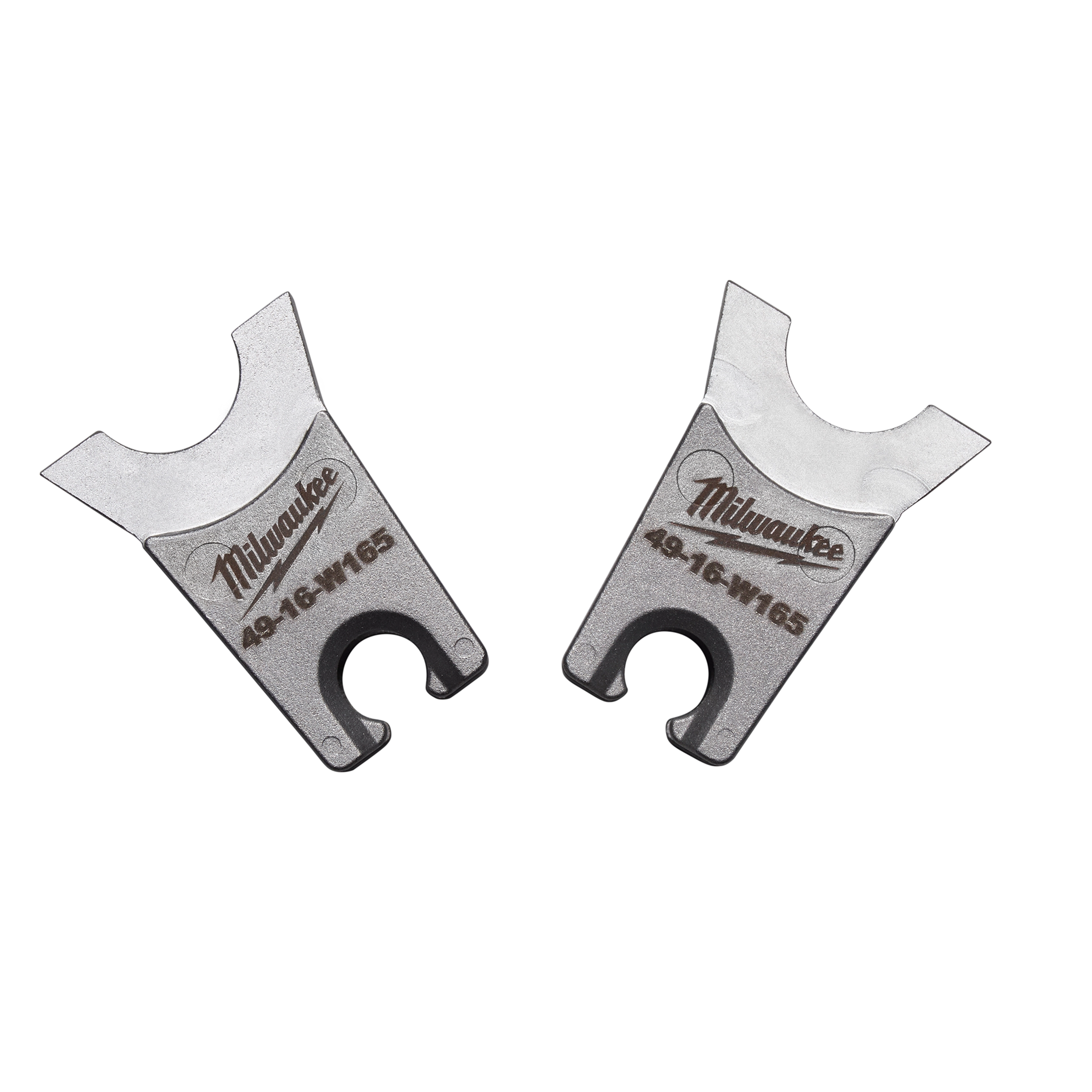 Two W Style: W-165 Die parts made of metal, each featuring a U-shaped cutout and engraved with the Milwaukee logo and "49-16-W165."