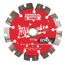 Image of a 5" DIAMOND ULTRA™ Segmented Turbo, General Purpose Diamond Blade with a red center and metal segments around the edge. The blade is marked for use with reinforced concrete, brick, block, stone, and roof tile.
