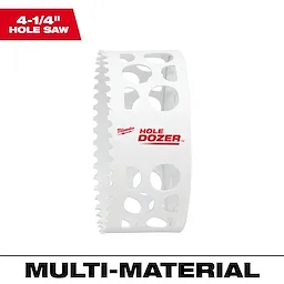 4-1/4" Hole Dozer Bi-Metal Hole Saw with white body and red logo, featuring sharp teeth and large side openings for multi-material cutting.