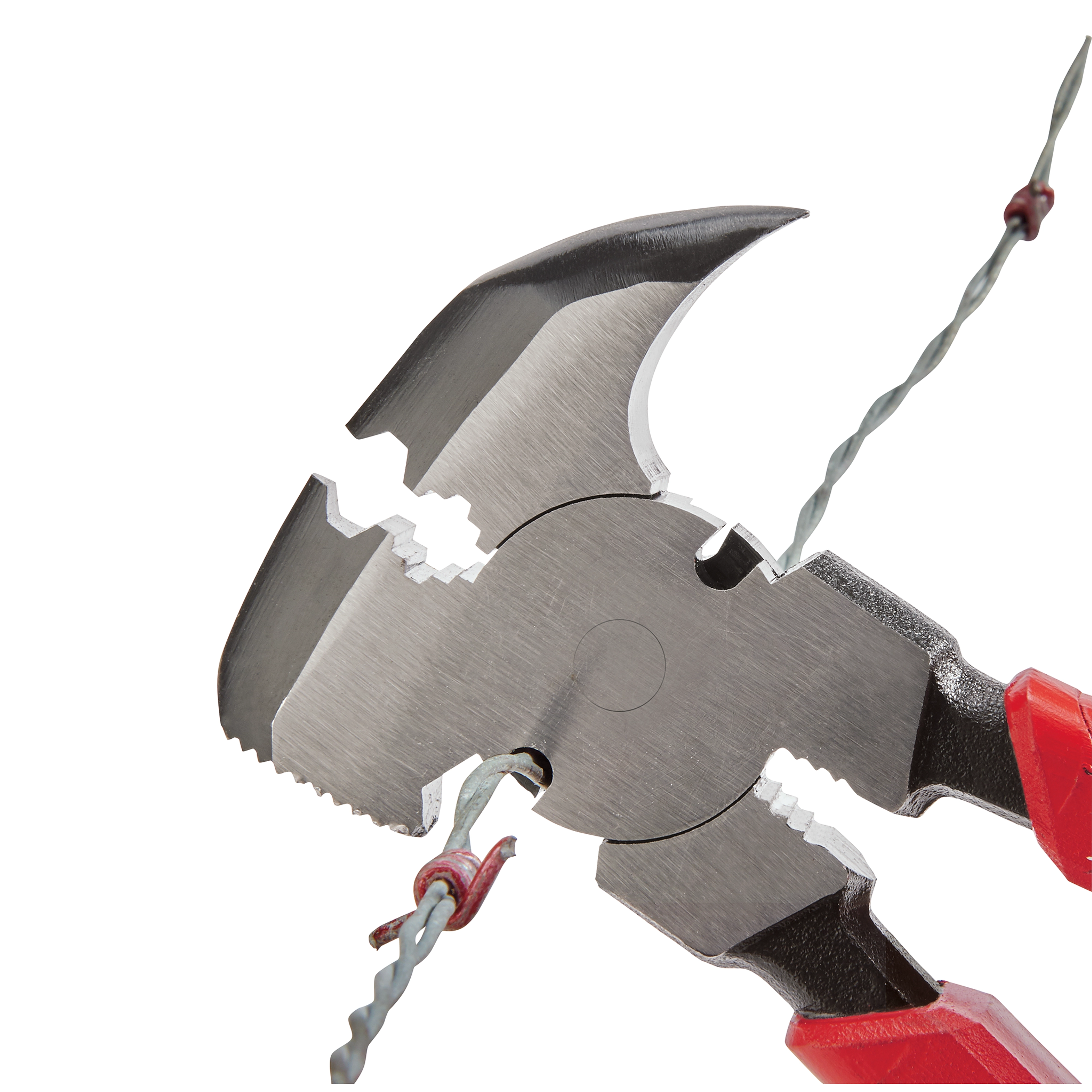 Comfort Grip Fencing Pliers with red handles are cutting a piece of twisted metal wire. The pliers feature sharp cutting edges and multiple gripping slots for various wire sizes.