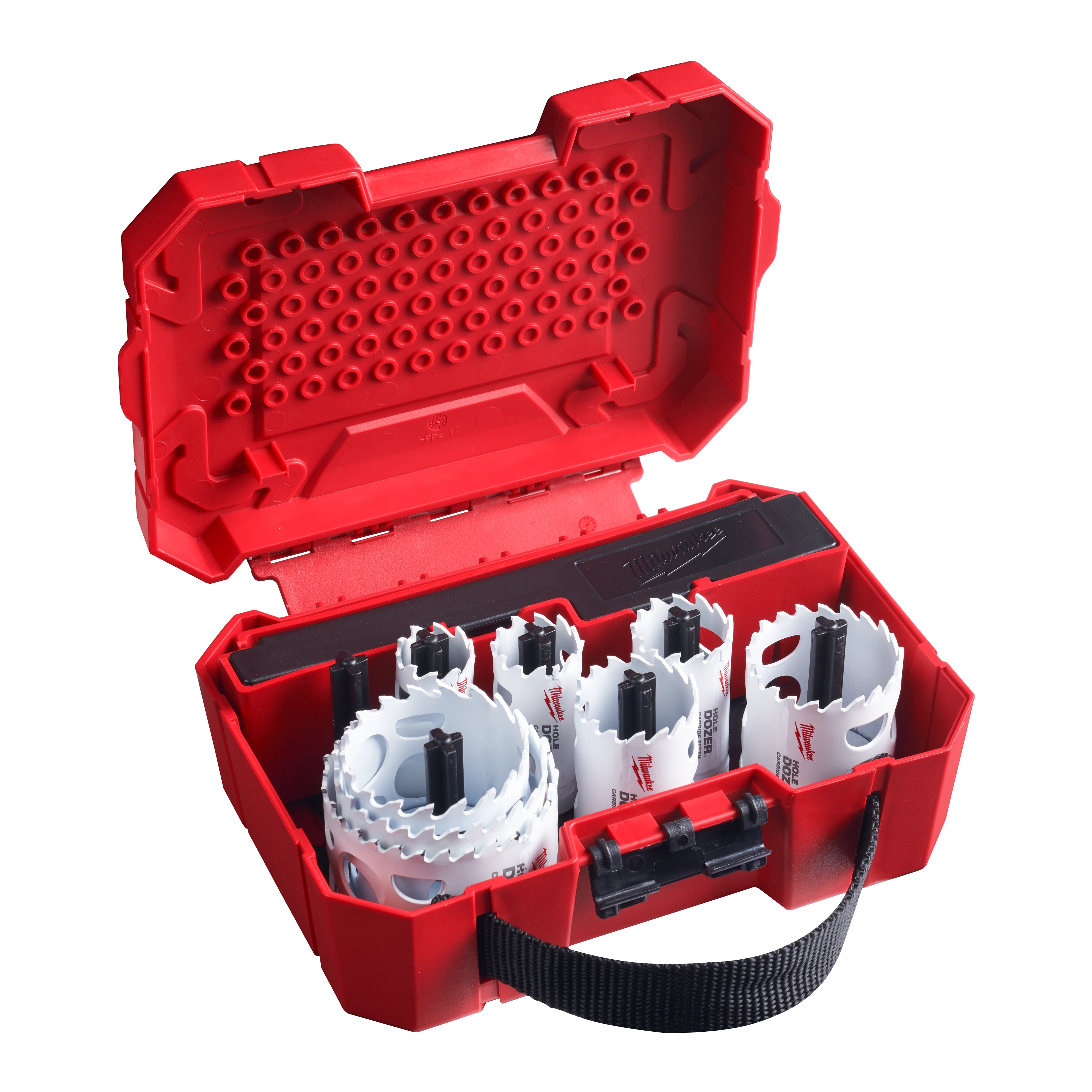 Red and black carrying case containing a 12-piece carbide dozer kit, including various sized hole saws and accessories.