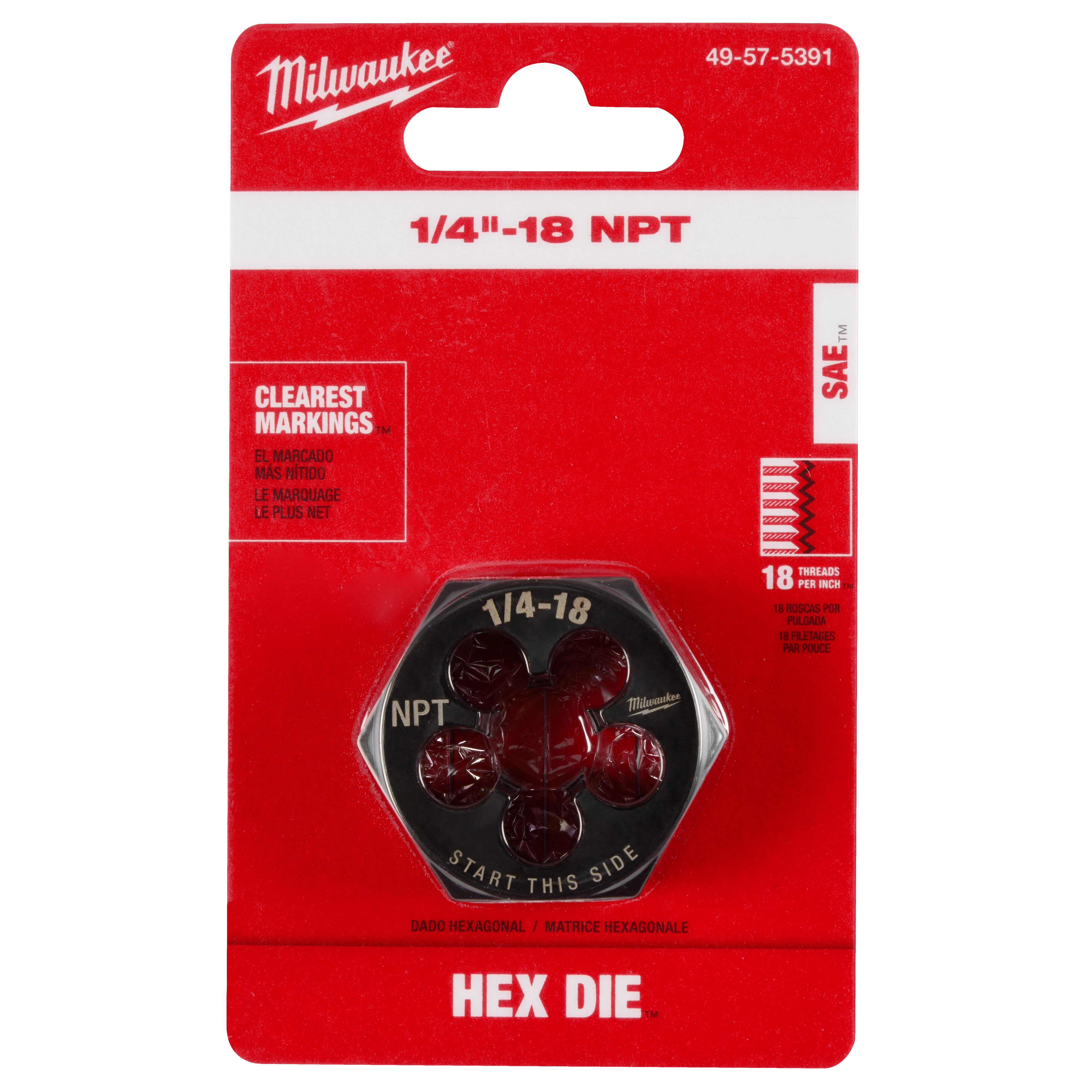 Packaging for 1/4"-18 NPT 1-7/16" Hex Threading Die in red background, shows "clearest markings" and thread count of 18 per inch.