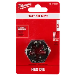 Packaging for 1/4"-18 NPT 1-7/16" Hex Threading Die in red background, shows "clearest markings" and thread count of 18 per inch.