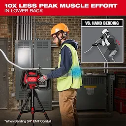 A worker uses the M18 FUEL™ BRANCH CONDUIT BENDER w/ AUTO-ZERO™, which reduces peak muscle effort in the lower back by ten times compared to hand bending. The product is shown efficiently bending a 3/4" EMT conduit.