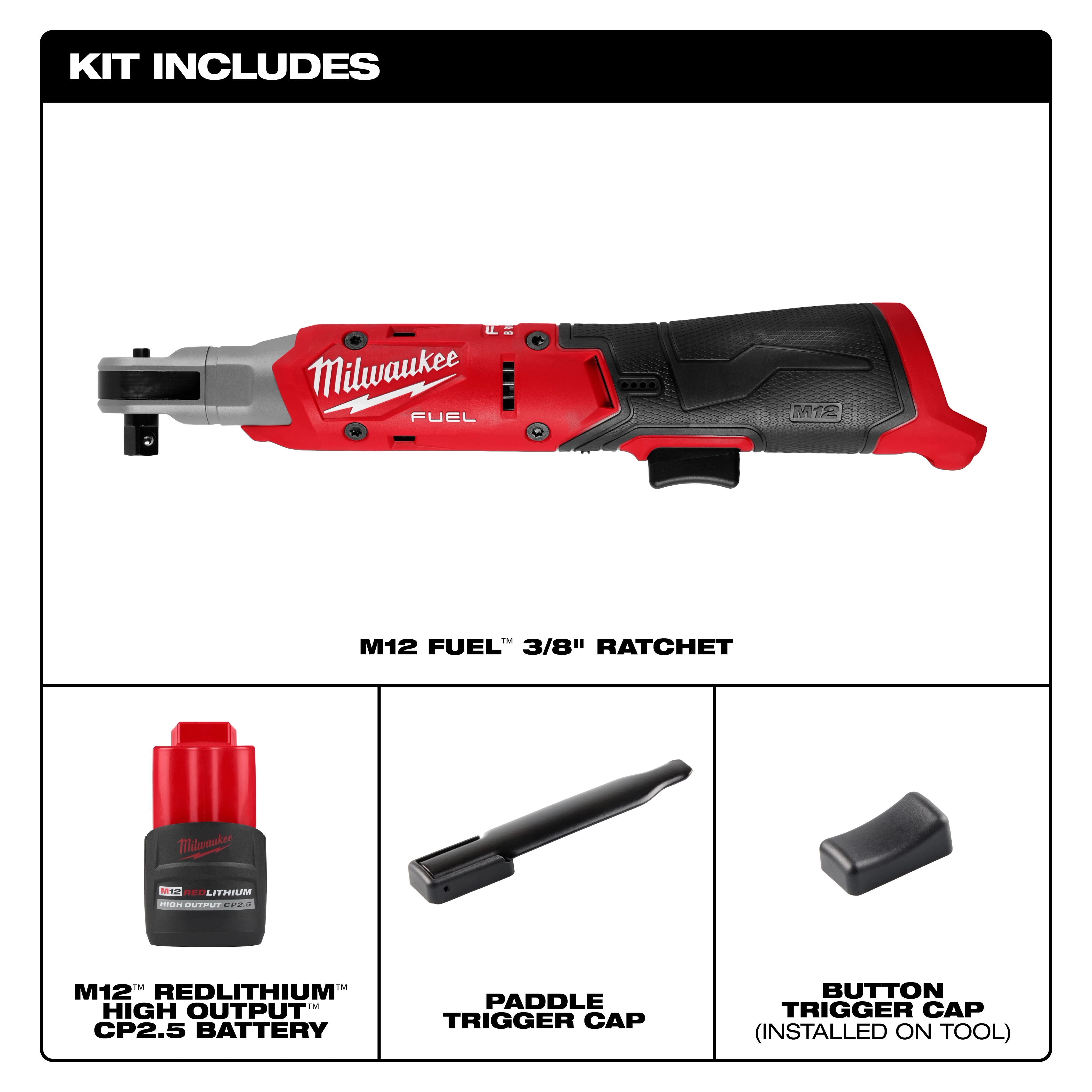 The M12 FUEL™ 3/8" Ratchet kit includes a red lithium-ion battery, paddle trigger cap, and installed button trigger cap. The tool is red and black with Milwaukee branding, featuring a compact design for increased productivity in tight spaces. Ideal for automotive and mechanic applications.
