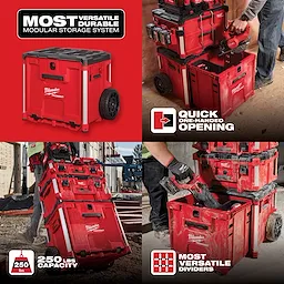 The Hover Image shows a red Milwaukee Packout modular storage system with quick one-handed opening, a 250 lbs capacity, and versatile dividers.
