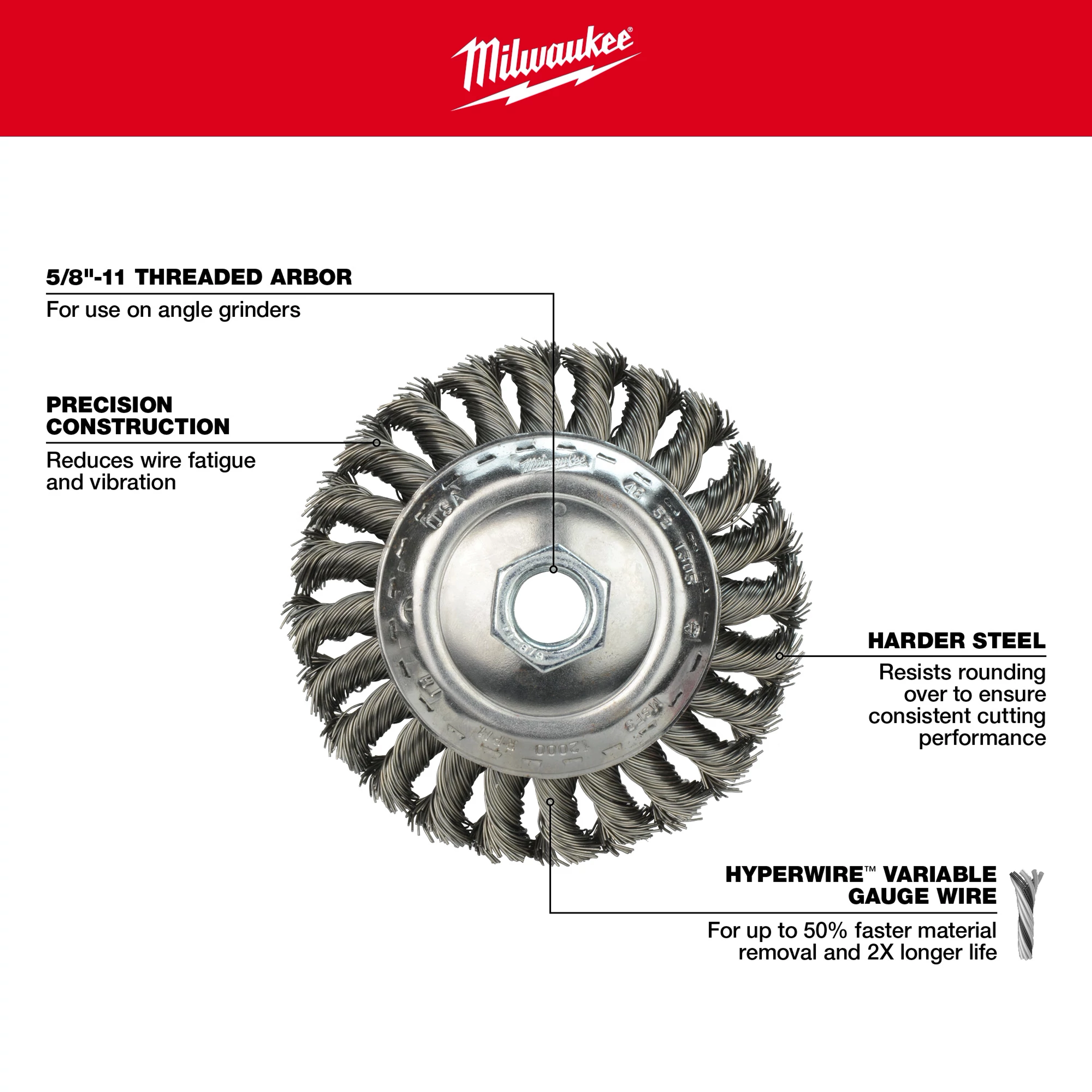 4" Bevel Knot Brush - Carbon/Stainless Steel Walk Around features a 5/8"-11 threaded arbor, precision construction, harder steel, and Hyperwire variable gauge wire.