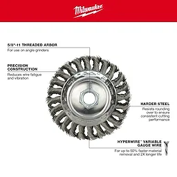 4" Bevel Knot Brush - Carbon/Stainless Steel Walk Around features a 5/8"-11 threaded arbor, precision construction, harder steel, and Hyperwire variable gauge wire.