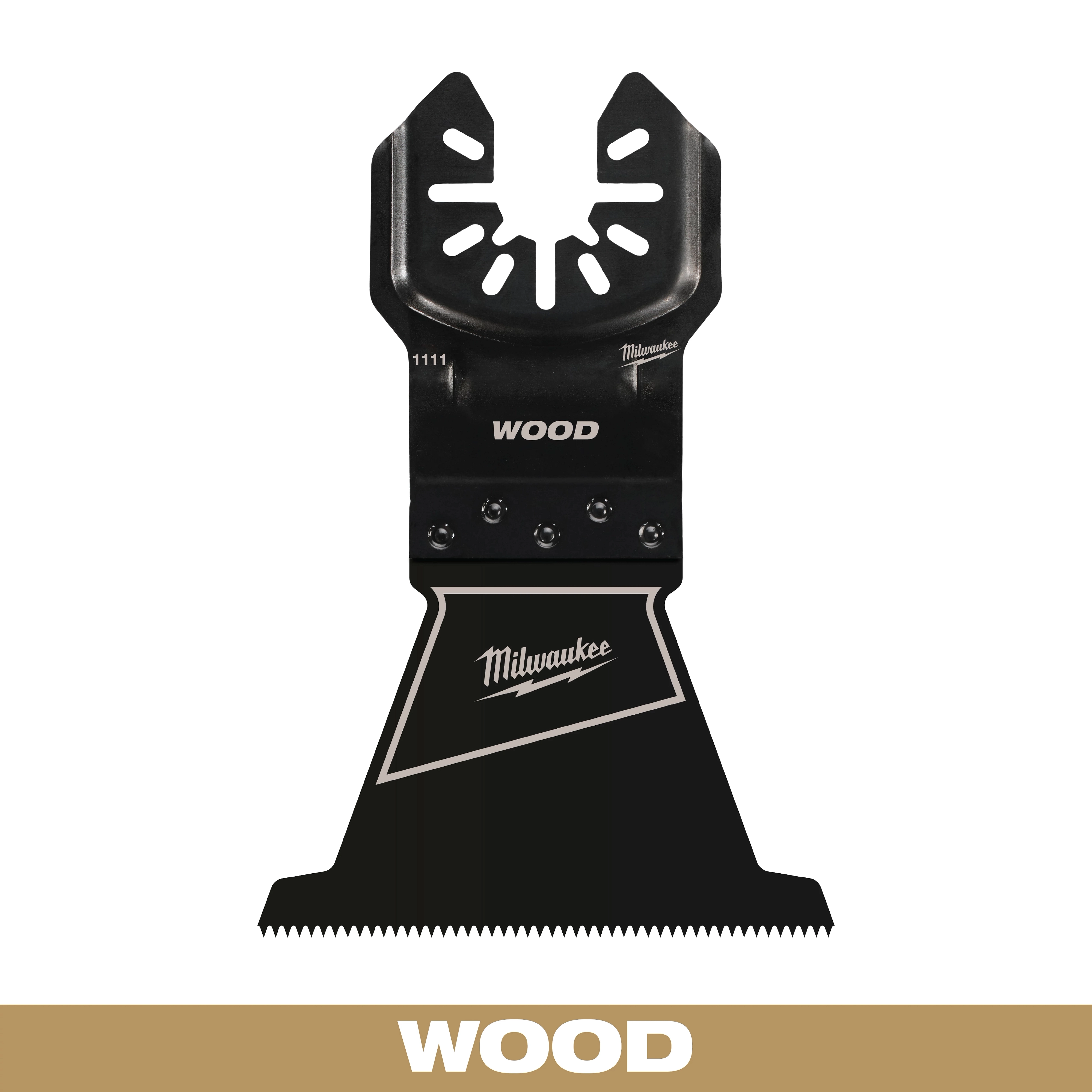 Milwaukee Open-Lok 2-1/2" HCS Wood Multi-Tool Blade with a black finish, brand logo in white, and text "WOOD" on blade.