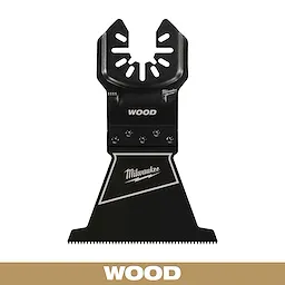 Milwaukee Open-Lok 2-1/2" HCS Wood Multi-Tool Blade with a black finish, brand logo in white, and text "WOOD" on blade.