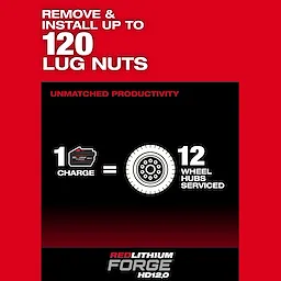 A promotional image for the M18 FUEL™ 1" D-Handle Ext. Anvil High Torque Impact Wrench w/ ONE-KEY™. The text on a red background states it can remove and install up to 120 lug nuts per charge and service 12 wheel hubs per charge. The text also mentions REDLITHIUM™ FORGE HD12.0.