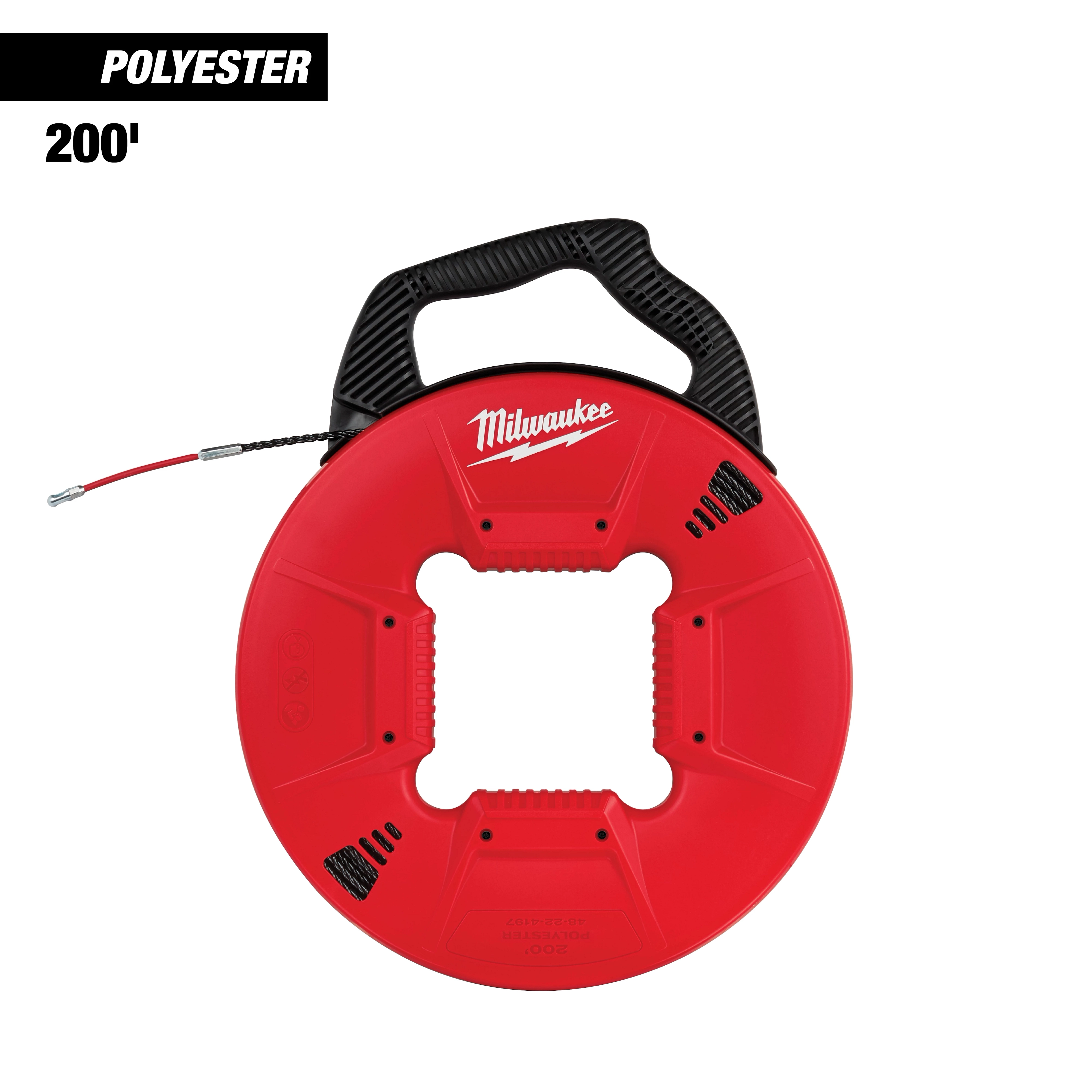 200' Polyester Fish Tape with Flexible Metal Leader, red circular reel with black handle and visible tape end, brand name in white.