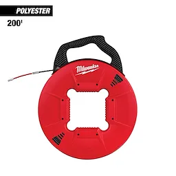 200' Polyester Fish Tape with Flexible Metal Leader, red circular reel with black handle and visible tape end, brand name in white.