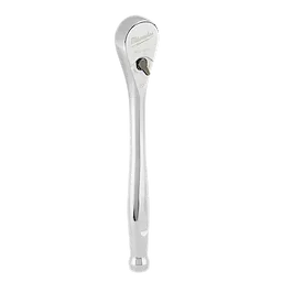 A Milwaukee 3/8" Drive Ratchet with a polished metal finish. It features a curved handle and a switch for reversing direction. The ratchet is labeled "Milwaukee" and includes model number 48-22-9008.