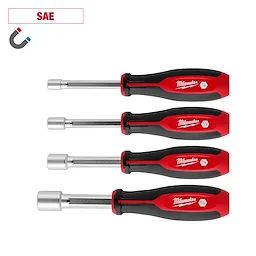 4pc SAE HollowCore Magnetic Nut Driver Set, featuring four nut drivers with red and black handles, labeled with sizes 1/4, 5/16, 7/16, and 1/2.