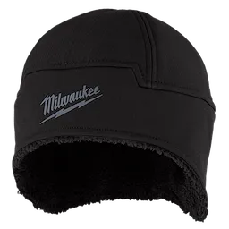 Milwaukee Sherpa-Lined Beanie in black with a grey Milwaukee logo on the front. The beanie has a soft, fuzzy interior lining.