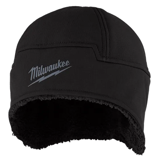 Milwaukee Sherpa-Lined Beanie in black with a grey Milwaukee logo on the front. The beanie has a soft, fuzzy interior lining.