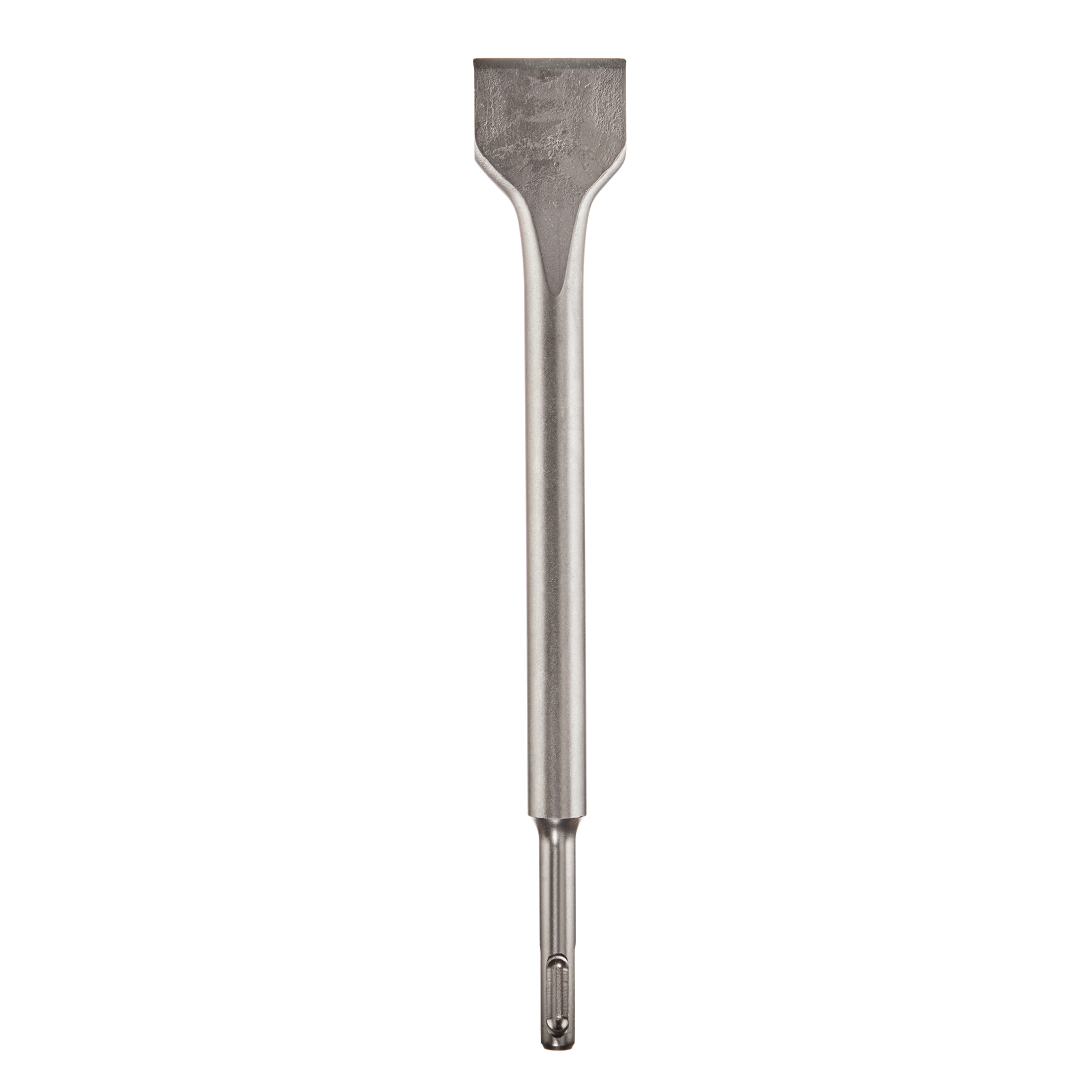 The SDS PLUS SCALING CHISEL 1/2" is a metal chisel with a flat, wide head designed for removing materials like concrete or tiles. The chisel has a cylindrical body with an attachment end compatible with SDS plus rotary hammers.