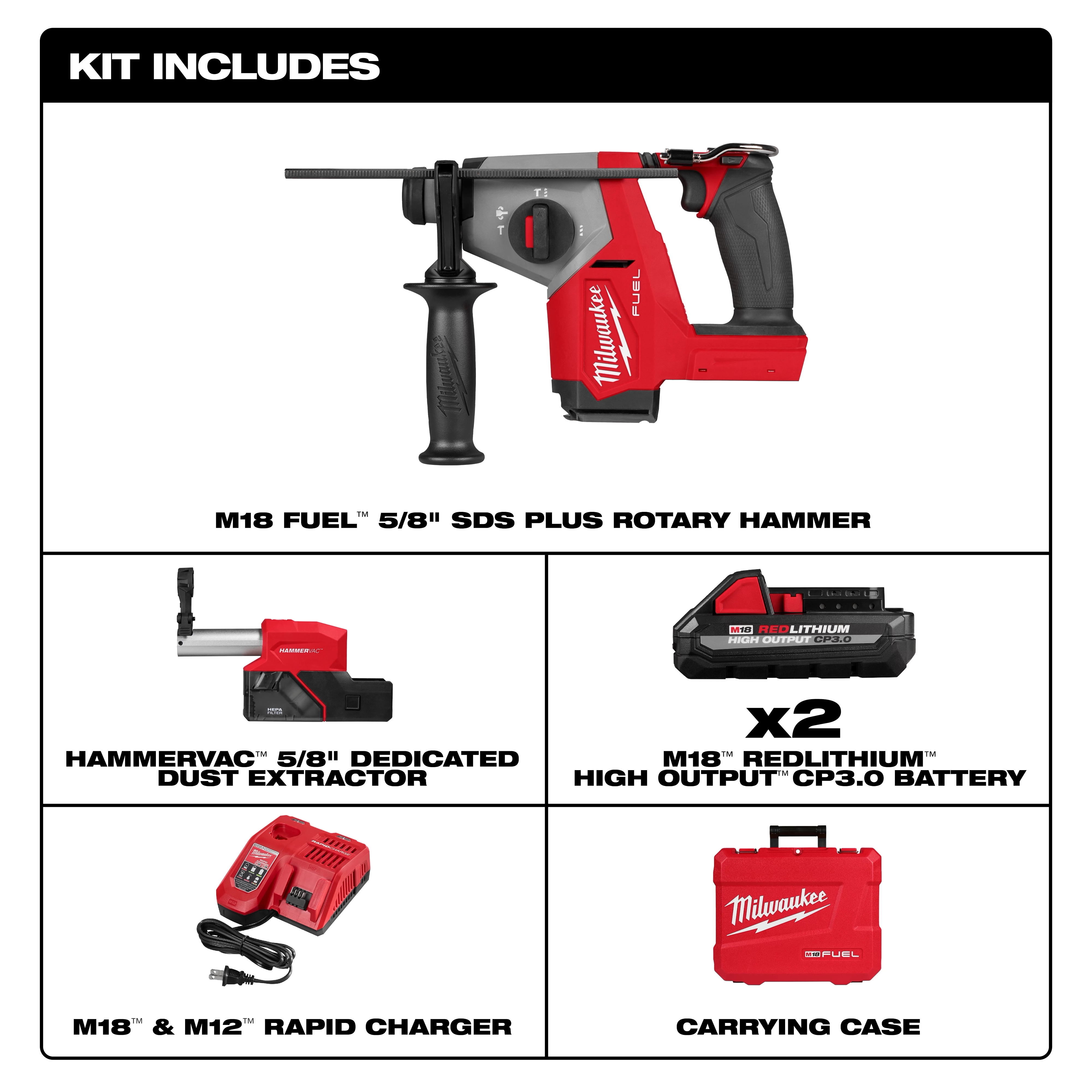 The image shows the components included in a kit for the M18 FUEL™ 5/8" SDS Plus Rotary Hammer. The kit includes the rotary hammer, a dedicated dust extractor, two high output batteries, a rapid charger, and a carrying case.