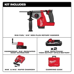 The image shows the components included in a kit for the M18 FUEL™ 5/8" SDS Plus Rotary Hammer. The kit includes the rotary hammer, a dedicated dust extractor, two high output batteries, a rapid charger, and a carrying case.