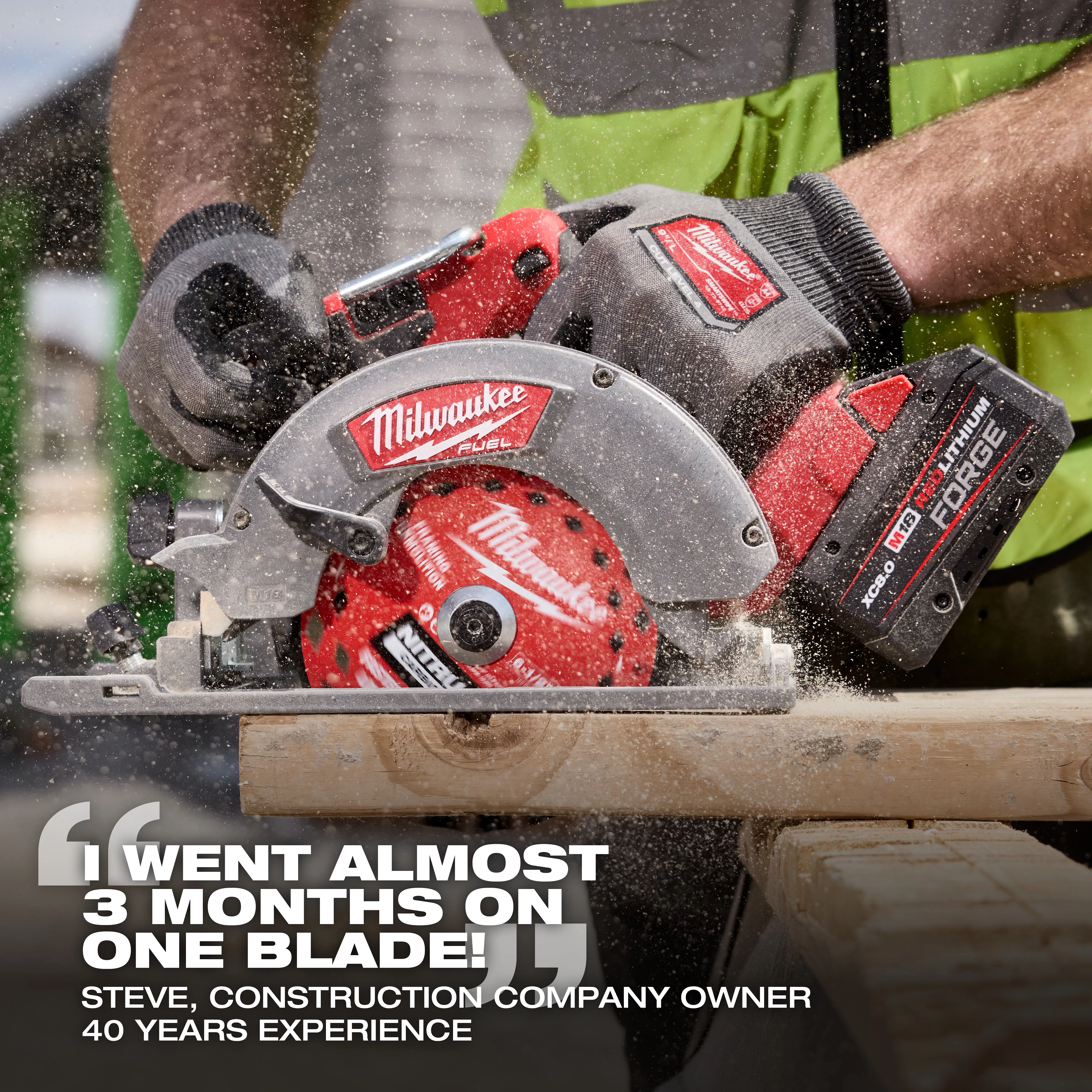 6-1/2” 24T NITRUS Carbide Framing & Demolition Circular Saw Blade cutting lumber on a circular saw.
