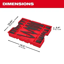 Bare Tray for 11pc. Pliers & Pick Set for PACKOUT™ Drawers is a red plastic tray with foam padding, designed to hold 11 pliers and pick tools. Dimensions are 12.6 inches by 16.3 inches by 2.4 inches (32.0 cm by 41.4 cm by 6.1 cm).