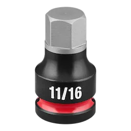The SHOCKWAVE Impact Duty 1/2" Drive 2" Hex 11/16" Bit Socket is shown. It is a black socket with a silver hexagonal bit at the top and features the size 11/16 printed in white on the side.