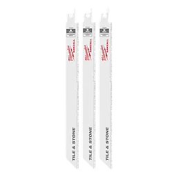 Three white 9-inch Carbide Grit SAWZALL® Blades (3 PK) designed for cutting tile and stone, featuring Milwaukee branding and carbide grit teeth for durability.