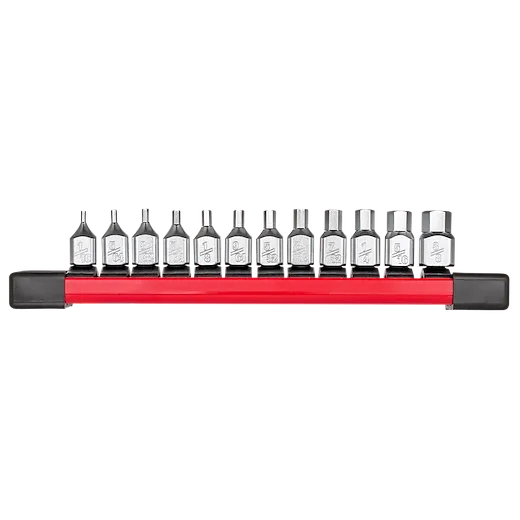 The 12pc 1/4” Drive Low-Profile Hex Bit Socket Set - SAE features 12 low-profile hex bit sockets on a red holder. Each socket has a different size, ranging from small to large, designed for various SAE hex bit applications, useful for precision work in tight spaces.