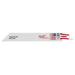 Milwaukee SAWZALL® blade for medium metal, 6 inches long with 14 TPI (teeth per inch). The blade is silver with the brand logo and "Medium Metal" text in red. Pack contains five blades, made in the USA.