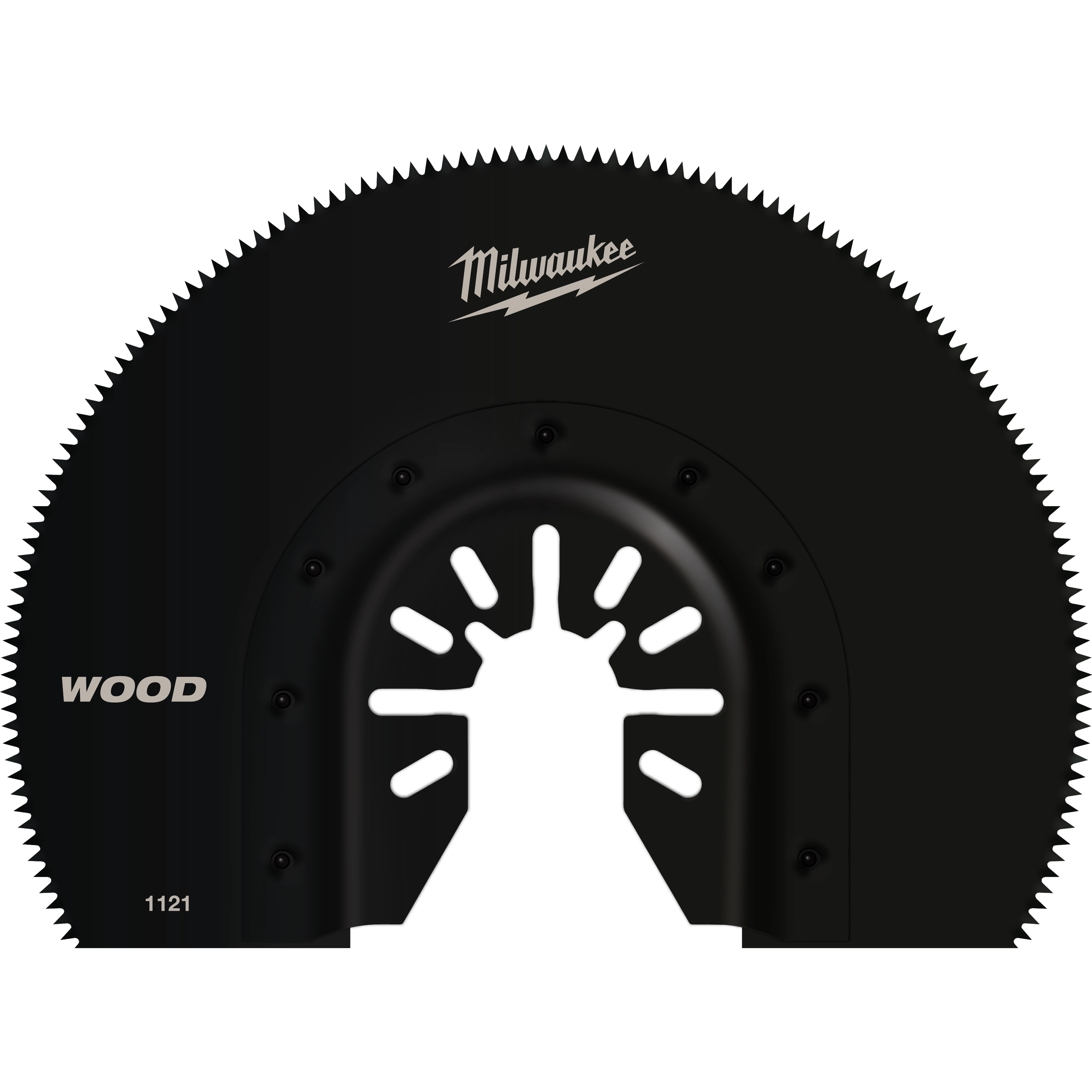 Milwaukee Open-Lok 3-1/2" HCS Wood Segmented Multi-Tool Blade with sharp teeth and black design for efficient wood cutting.
