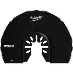 Milwaukee Open-Lok 3-1/2" HCS Wood Segmented Multi-Tool Blade with sharp teeth and black design for efficient wood cutting.