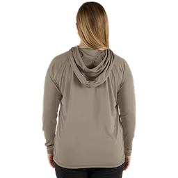 The Women's WORKSKIN Hooded Sun Shirt in Sandstone features a relaxed fit and long sleeves. It includes a hood and is displayed on a woman seen from the back, showcasing its lightweight and breathable fabric designed for sun protection.