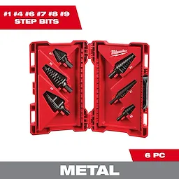 The 48-89-9224 Black Oxide Step Bit set includes six bits of various sizes in a red plastic case designed for drilling metal. Each bit is securely held in the case, which has labeled slots. The product is branded and labeled for easy identification.