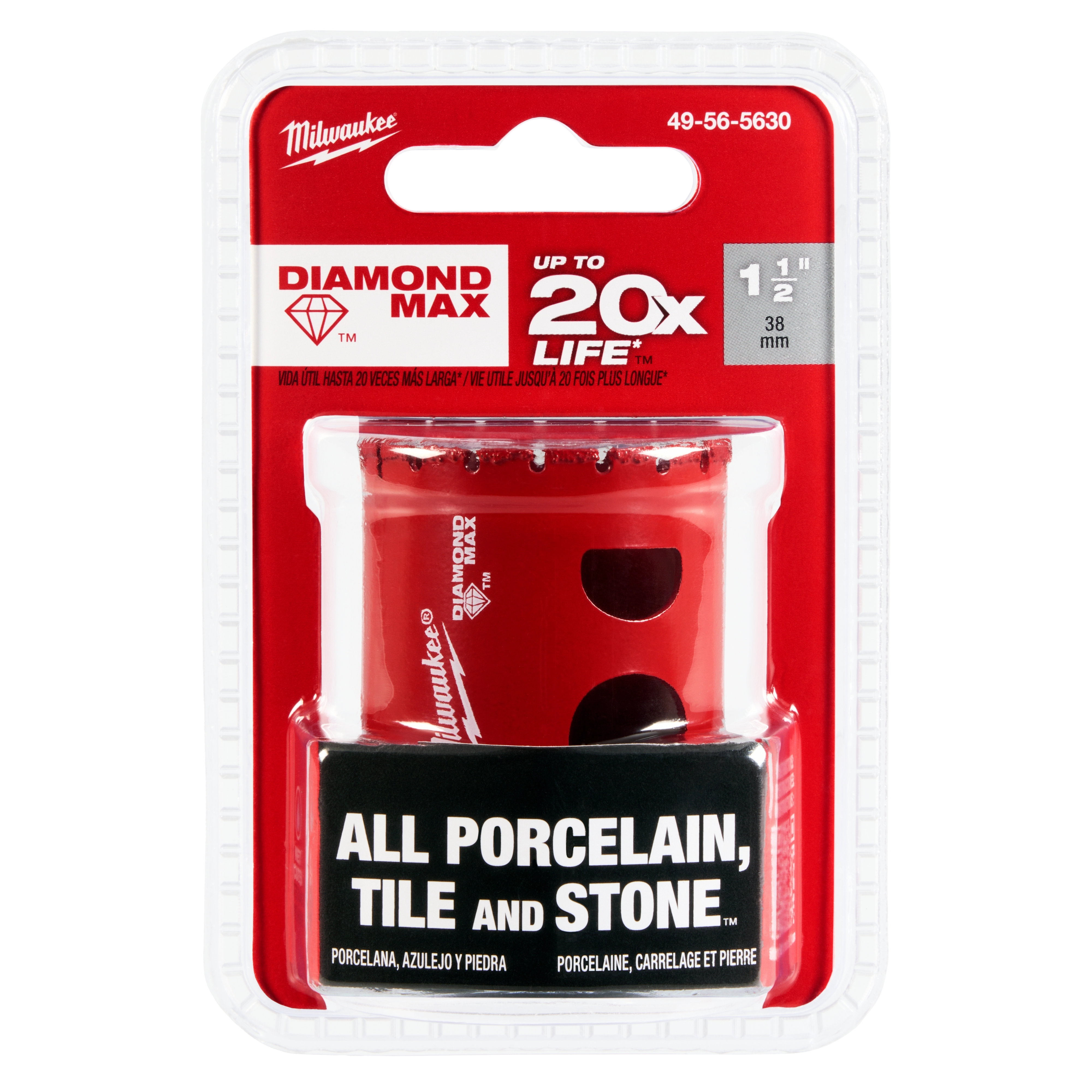 Milwaukee 1-1/2" DIAMOND MAX Hole Saw with a red body, packaging states it is suitable for all porcelain, tile, and stone materials.
