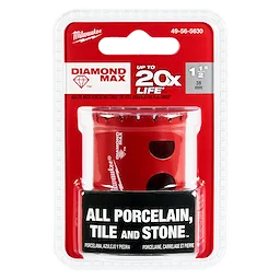 Milwaukee 1-1/2" DIAMOND MAX Hole Saw with a red body, packaging states it is suitable for all porcelain, tile, and stone materials.