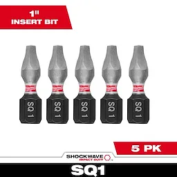 The image shows the SHOCKWAVE™ 1" Impact Duty Square Recess #1 Insert Bits (5 PK). The package includes five metal bits designed for impact duty, each labeled "SQ 1" for identification. The product branding is visible on the bits and packaging.