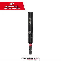The image shows a SHOCKWAVE™ Impact Duty Magnetic Bit Holder. It is a 3-inch magnetic drive guide tool manufactured by Milwaukee with a black and red color scheme.