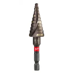 The Impact Step Drill Bit features a tapered design with multiple size markings from 3/16 to 3/4 inches engraved on the bit. The hex shank has a black finish and a red band with a brand logo at the center. It is crafted for precision drilling in various materials.