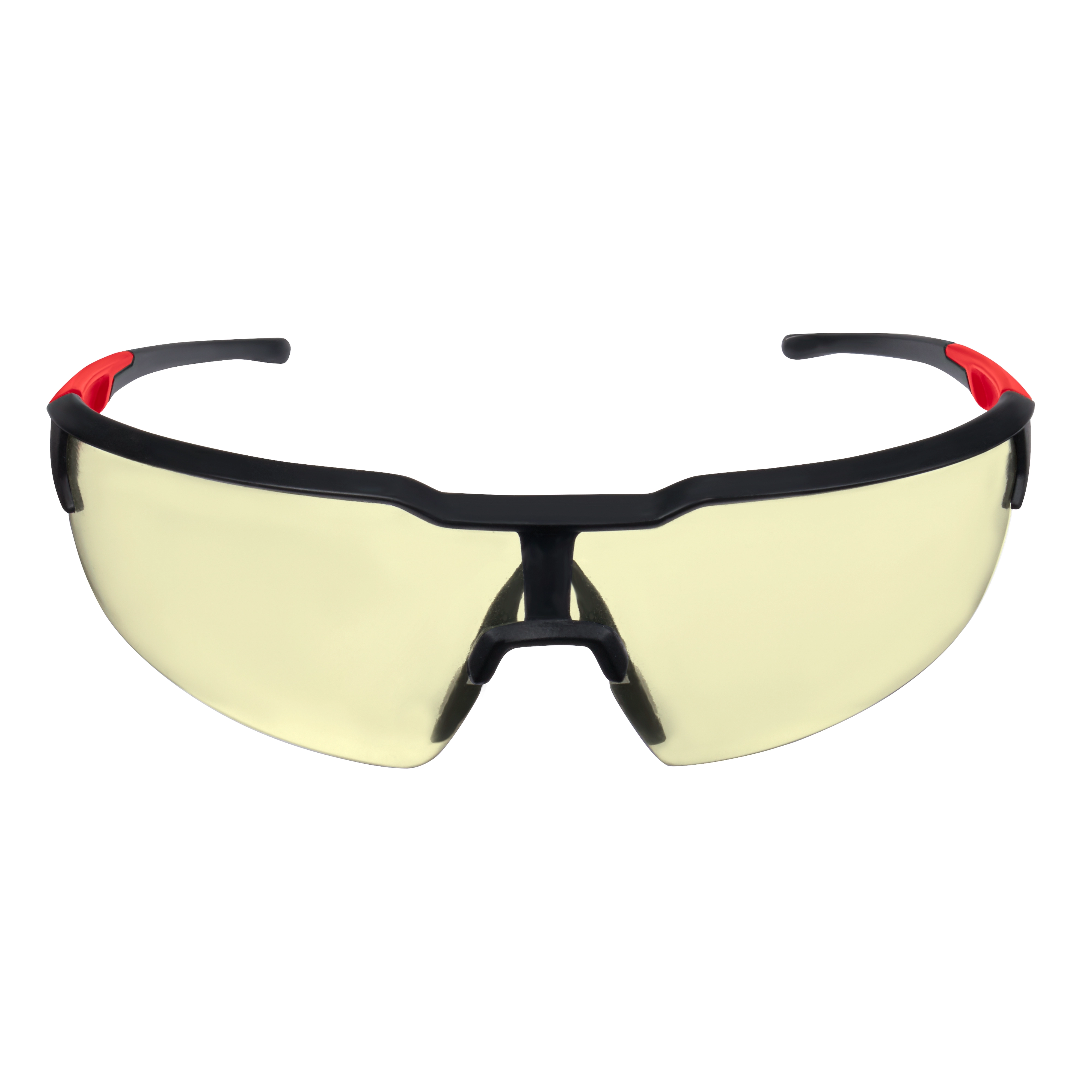 Safety Glasses with yellow fog-free lenses, black frame, and red accents on the temples, designed for eye protection.